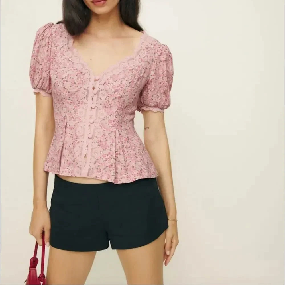 NWT Reformation Pink Puff Sleeve Floral Minette Top size 20